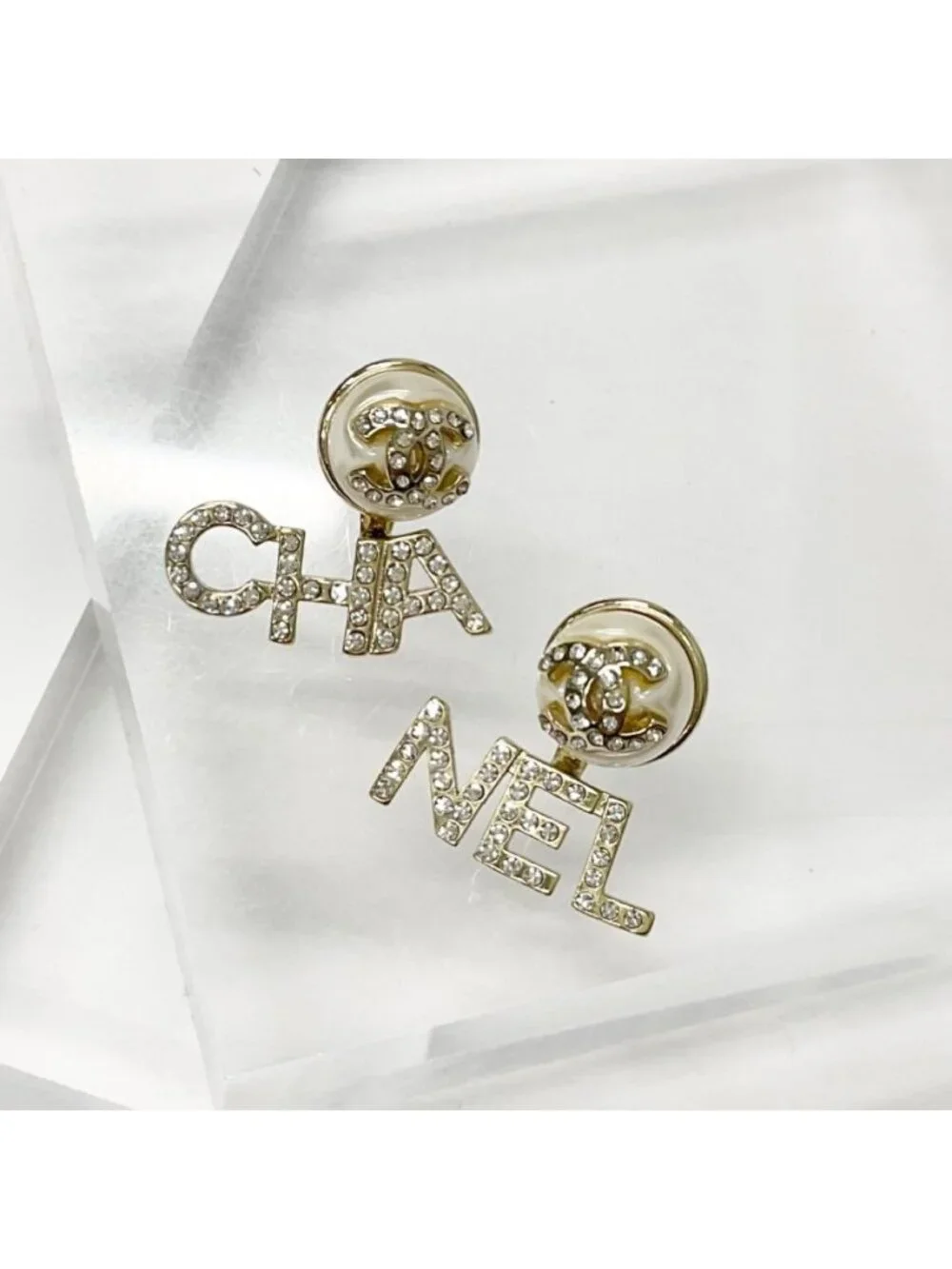 Chanel Earrings CC Logo Rhinestone Pearl Gold